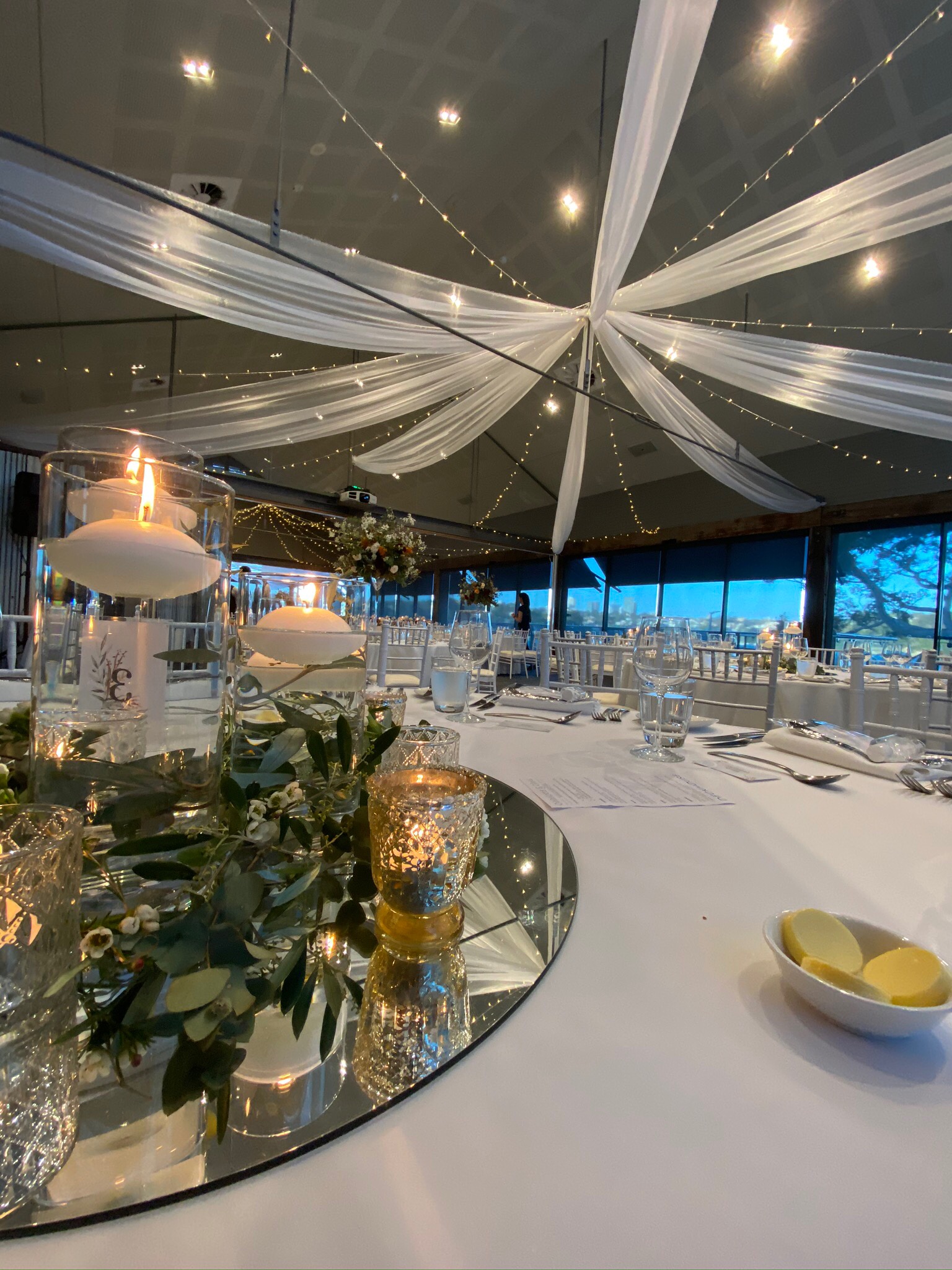 fairy light curtains and ceiling drapery