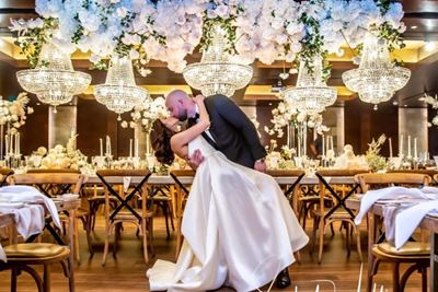 Hanging florals, chandeliers 