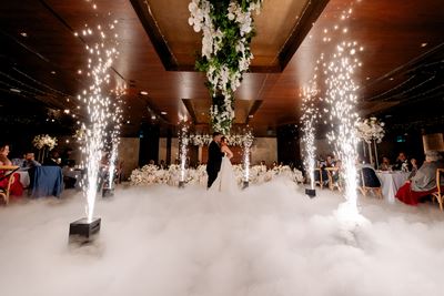 Hanging florals wedding, fireworks wedding, first dance